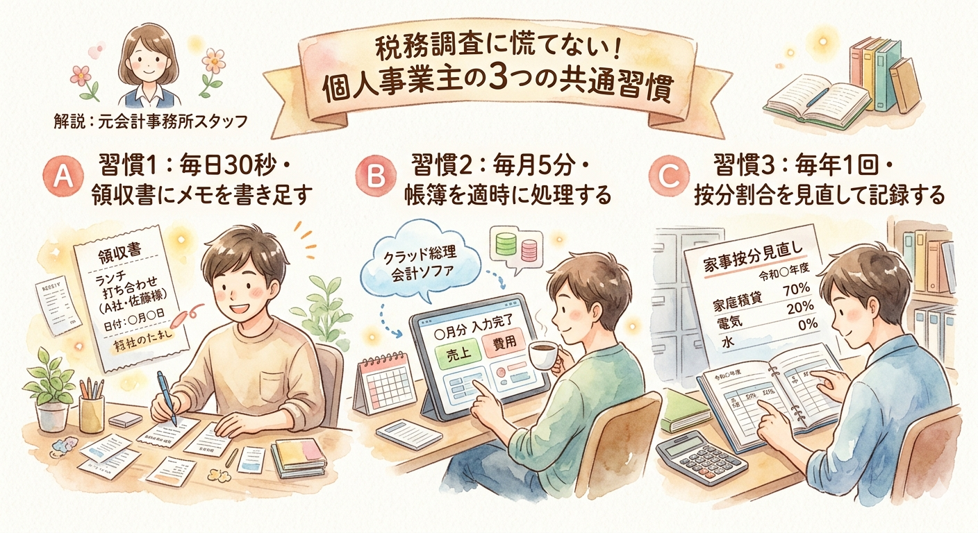 税務調査が来ても慌てない個人事業主の共通点。元会計事務所スタッフが教える3つの習慣