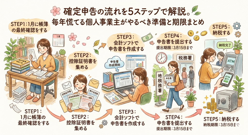 確定申告の流れを5ステップで解説。毎年慌てる個人事業主がやるべき準備と期限まとめ