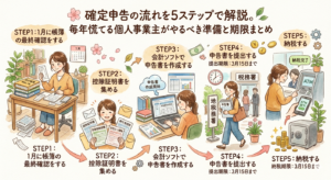 確定申告の流れを5ステップで解説。毎年慌てる個人事業主がやるべき準備と期限まとめ