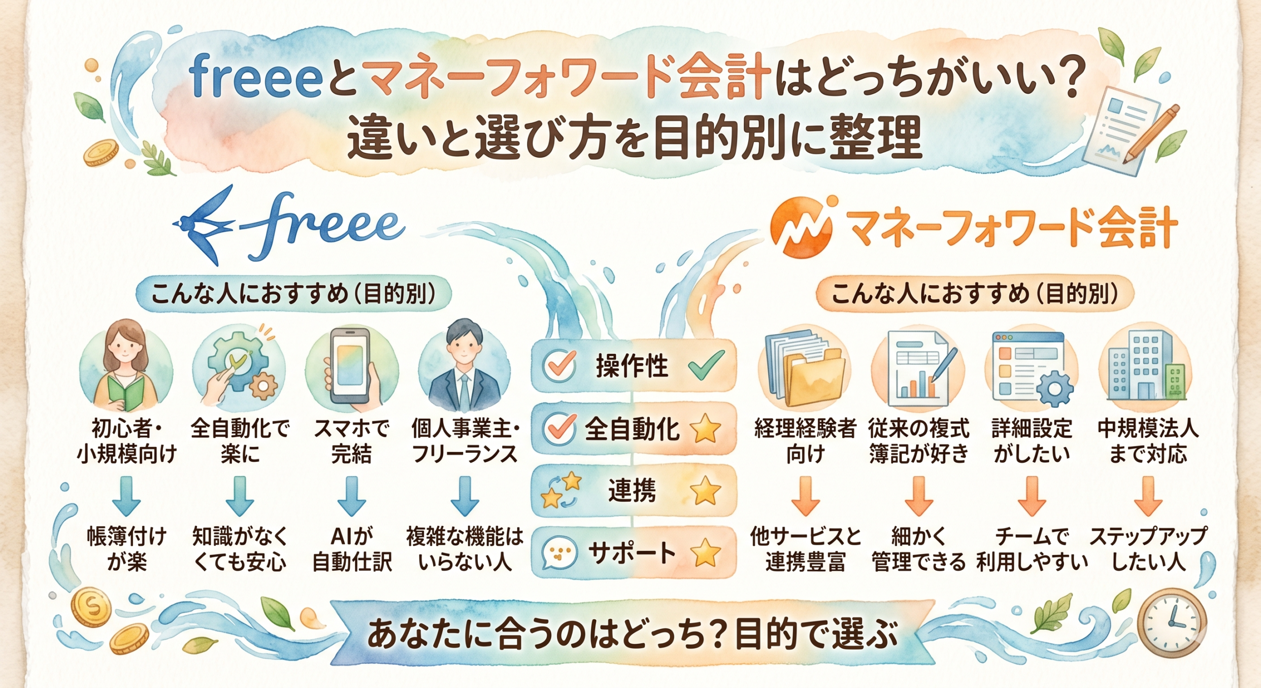 freeeとマネーフォワード会計はどっちがいい？違いと選び方を目的別に整理