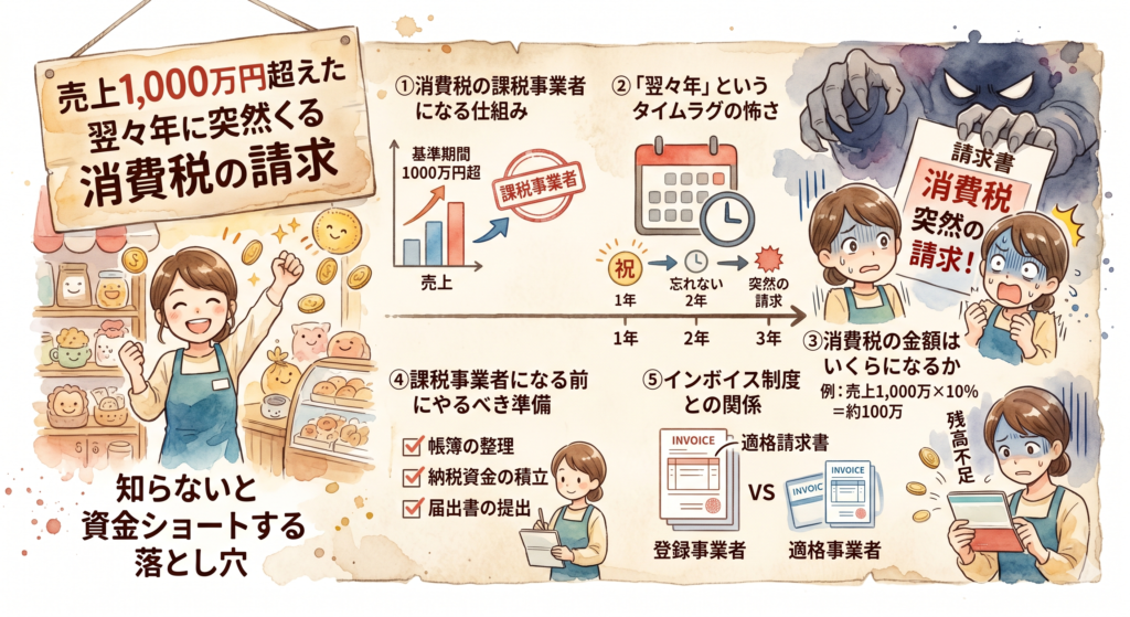 売上1,000万円超えた翌々年に突然くる消費税の請求。知らないと資金ショートする落とし穴