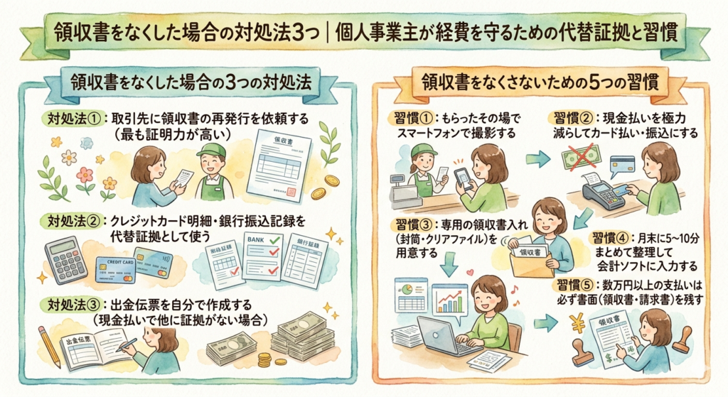 領収書をなくした場合の対処法3つ｜個人事業主が経費を守るための代替証拠と習慣