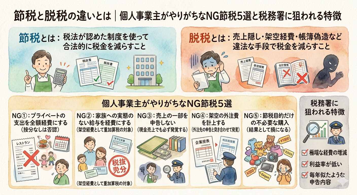 節税と脱税の違いとは|個人事業主がやりがちなNG節税5選と税務署に狙われる特徴