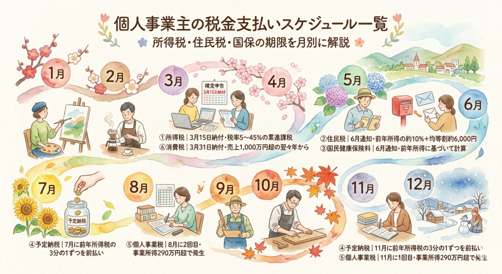 個人事業主の税金支払いスケジュール一覧｜所得税・住民税・国保の期限を月別に解説