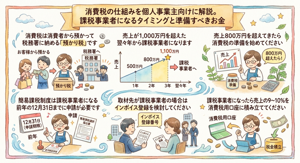 消費税の仕組みを個人事業主向けに解説。課税事業者になるタイミングと準備すべきお金