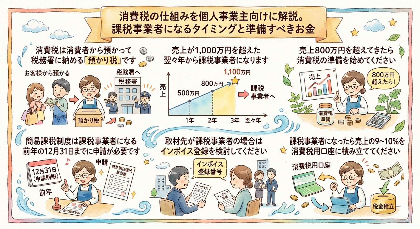 消費税の仕組みを個人事業主向けに解説。課税事業者になるタイミングと準備すべきお金