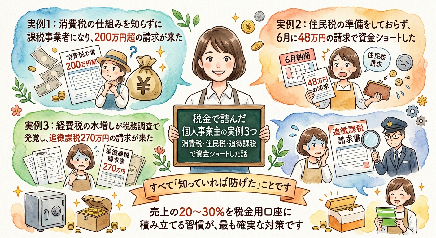 税金で詰んだ個人事業主の実例3つ｜消費税・住民税・追徴課税で資金ショートした話